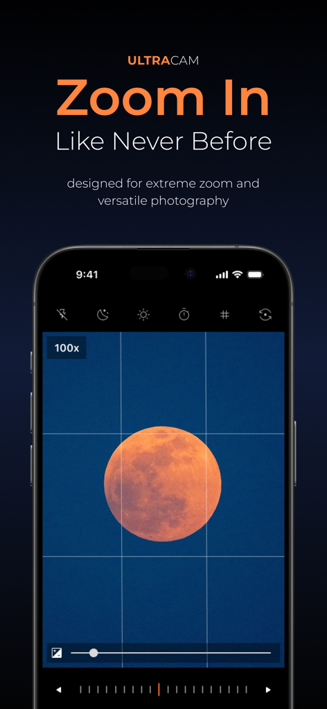 UltraCam app screenshot showing 100x zoom of an orange moon with professional camera interface