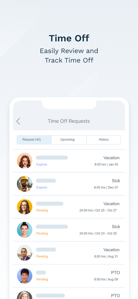 WorkEasy Software - WorkEasy mobile app interface showing employee time off requests for vacation and sick leave.
