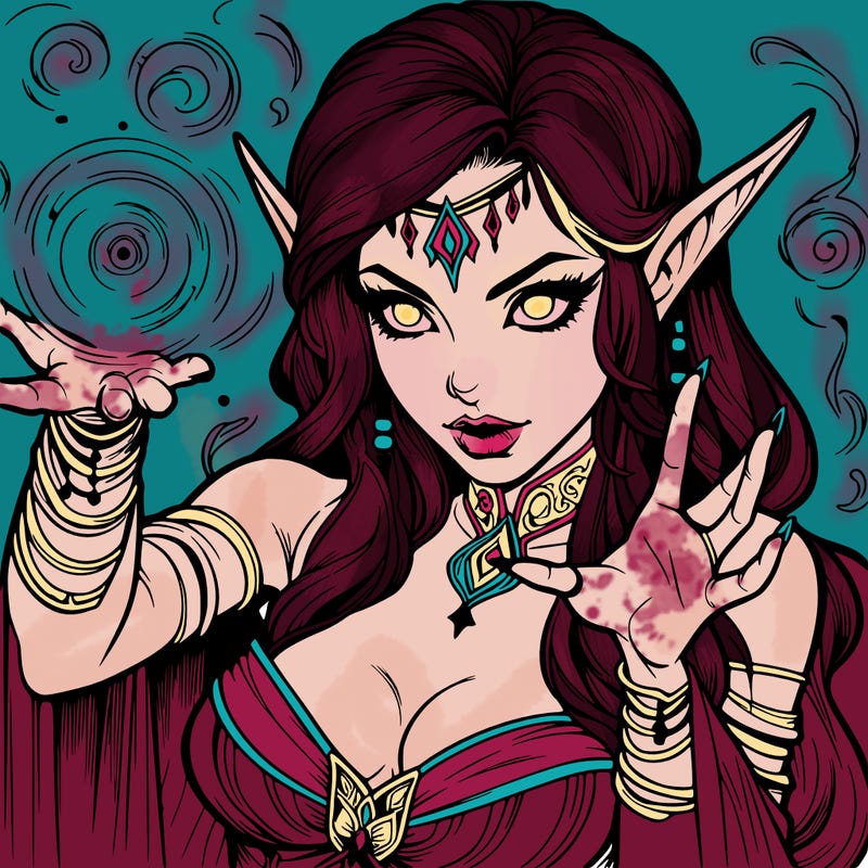 realistic scary beautiful elf sorceress casting spell
