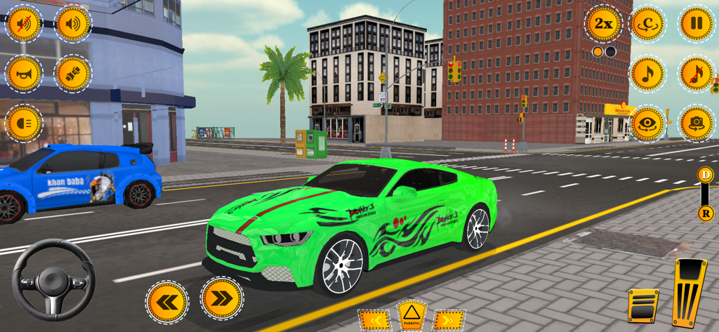 US Extreme Car Games Simulator - Un coche deportivo verde conduciendo en un entorno de ciudad en 3D con controles de volante y pedales en pantalla en US Extreme Car Games Simulator.