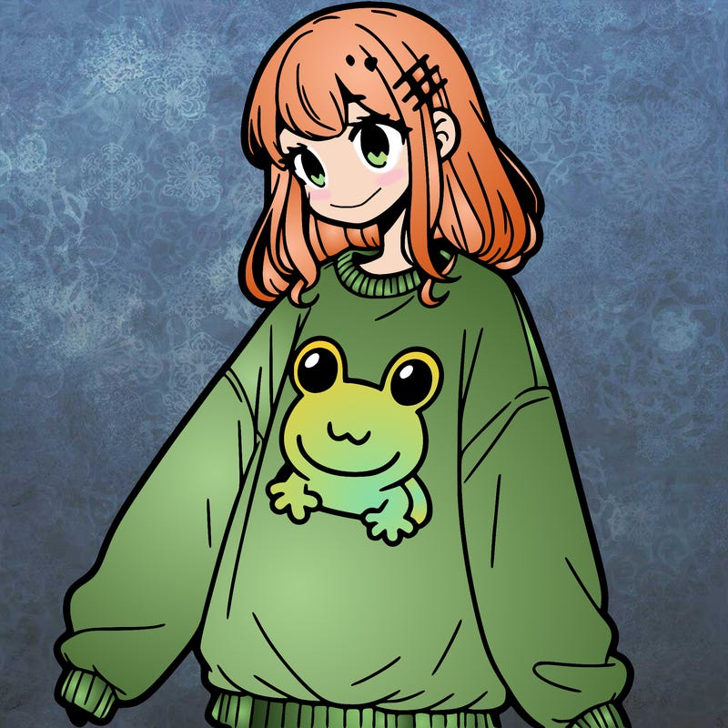 girl wearing frogging sweatshirt
