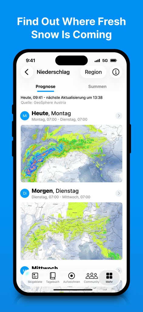 bergfex: Skiing & Tracking - Bergfex app snow forecast screen with detailed precipitation maps for skiers