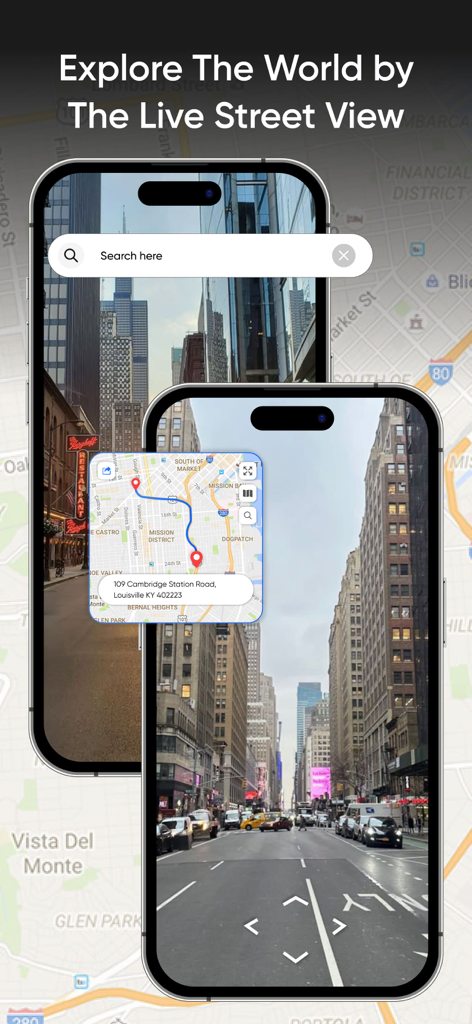 Street View Live 360 Map View - Two iPhones showing 360 degree city street views and a map with a route for visual navigation.