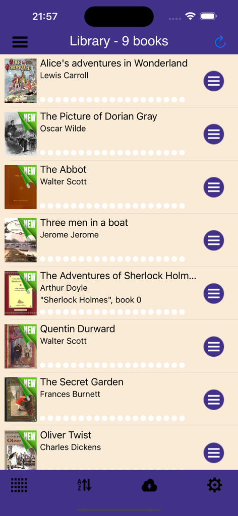 A FB2 Reader - Library view of A FB2 Reader showing a list of classic ebooks with cover art and author names
