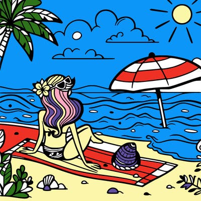 beach with a girl in a bathing suit in the summer