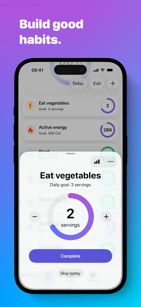 Awesome Habits: Habit Tracker - Awesome Habits app screen showing progress for a vegetable consumption habit