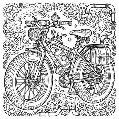 Discover a unique blend of rugged adventure and Victorian-era fantasy with our Steampunk Fat Bike coloring page. This intricate design promises a captivating creative escape for all skill levels.