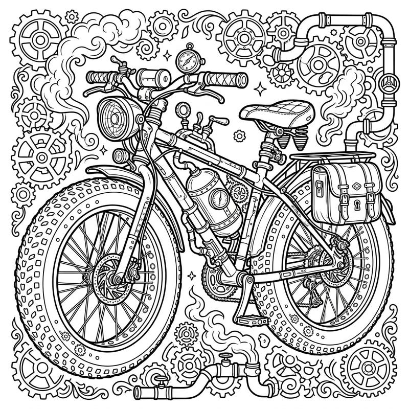 Discover a unique blend of rugged adventure and Victorian-era fantasy with our Steampunk Fat Bike coloring page. This intricate design promises a captivating creative escape for all skill levels.