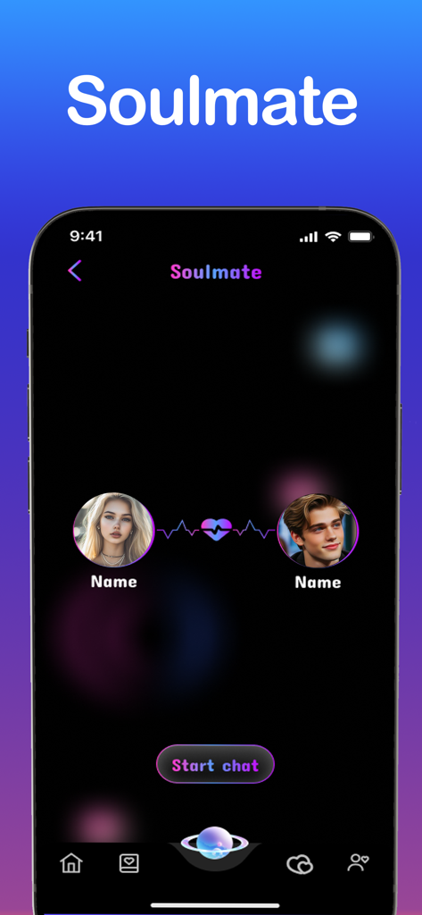 Meechat. - Pantalla Soulmate de la aplicación Meechat que muestra perfiles de compañeros IA y un botón para iniciar chat.