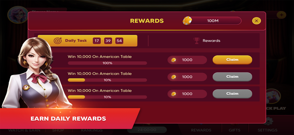 Menu delle ricompense giornaliere con premi in fiches e compiti in Roulette Live Casino.