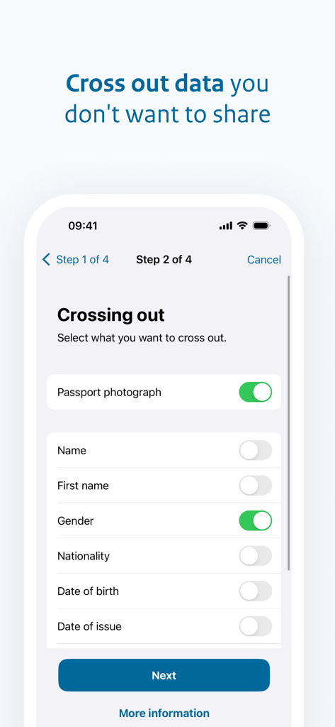 KopieID - 신분증의 개인 정보 편집을 위한 선택 상자를 보여주는 KopieID 앱의 모바일 인터페이스