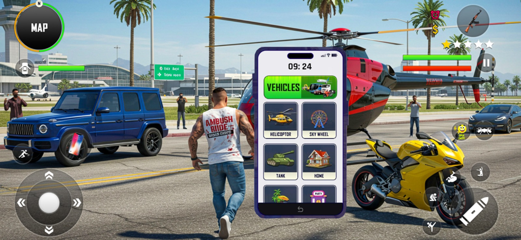 Gameplay screenshot of Ambush Mafia Gangster Games showing a character near a helicopter and motorcycle with a vehicle selection menu overlay.