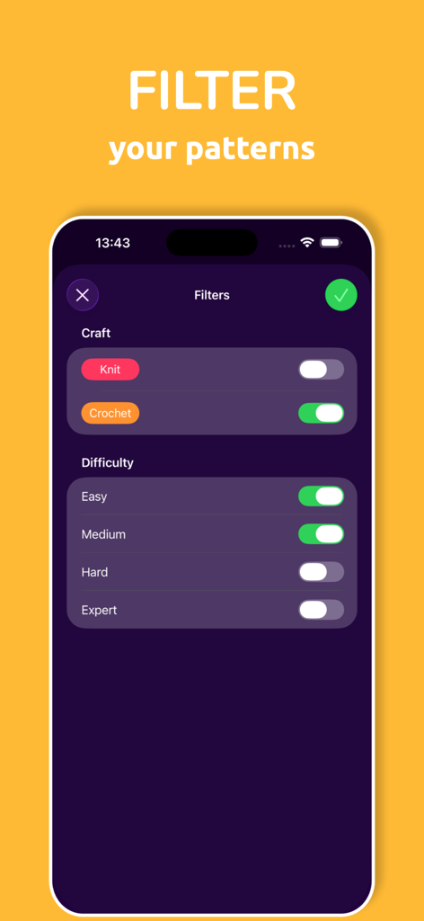 Crochet Patterns: Ravelgurumi - Ravelgurumi app interface displaying pattern filters for craft type and difficulty level.