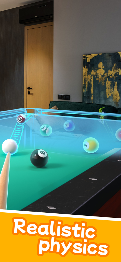 Super 3D Pool Billiards gameplay showing realistic physics on a 3D pool table with pool balls and cue stick
