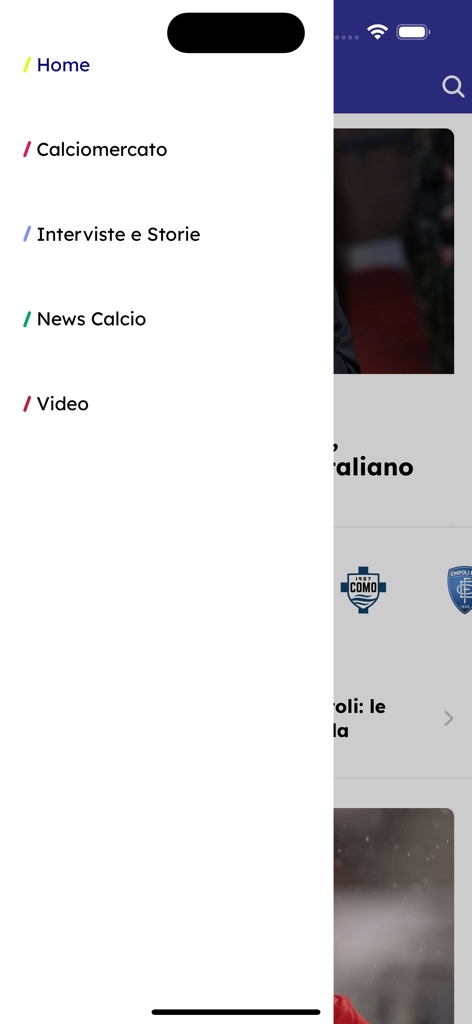 Gianluca Di Marzio - Seitenleisten-Navigationsmenü für die Gianluca Di Marzio Fußball-App mit Abschnitten für Transfernachrichten und Interviews