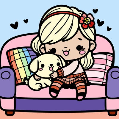 a cute girl cuddling the  cutest puppy in the world while sitting on a couch