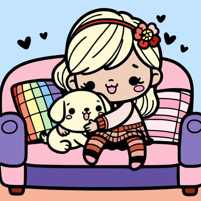 a cute girl cuddling the  cutest puppy in the world while sitting on a couch