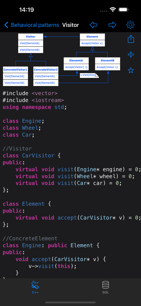 C++ Recipes - Screenshot of C++ Recipes app showing the Visitor behavioral pattern with a UML diagram and C++ source code
