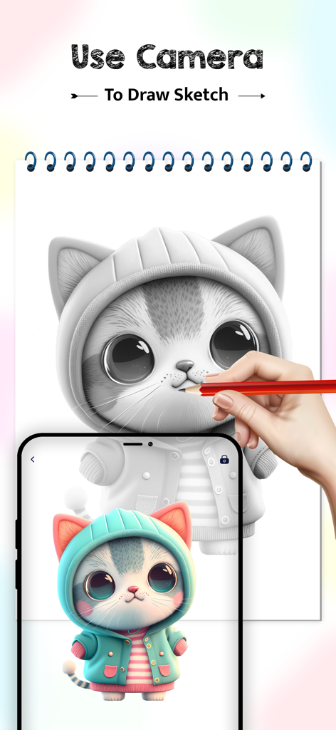 AR Drawing: Sketch with Camera - Una persona usando un smartphone para trazar una imagen de un gato lindo en un bloc de dibujo con la aplicación AR Drawing.
