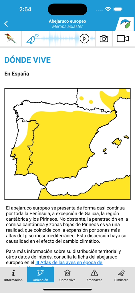 Mapa de distribución del Abejaruco europeo en España mostrado en una aplicación móvil