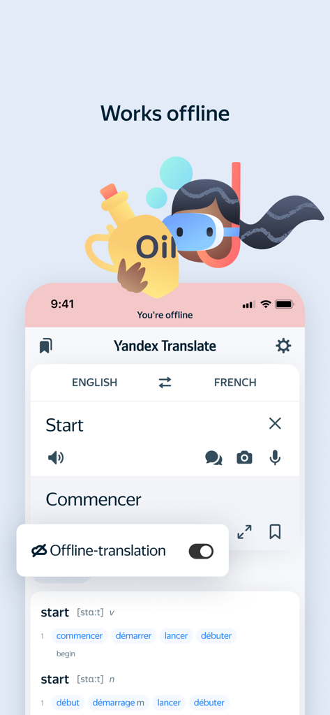 Yandex Translate - Interfaccia dell'app mobile Yandex Translate che mostra la traduzione dall'inglese al francese in modalità offline con una voce di dizionario.