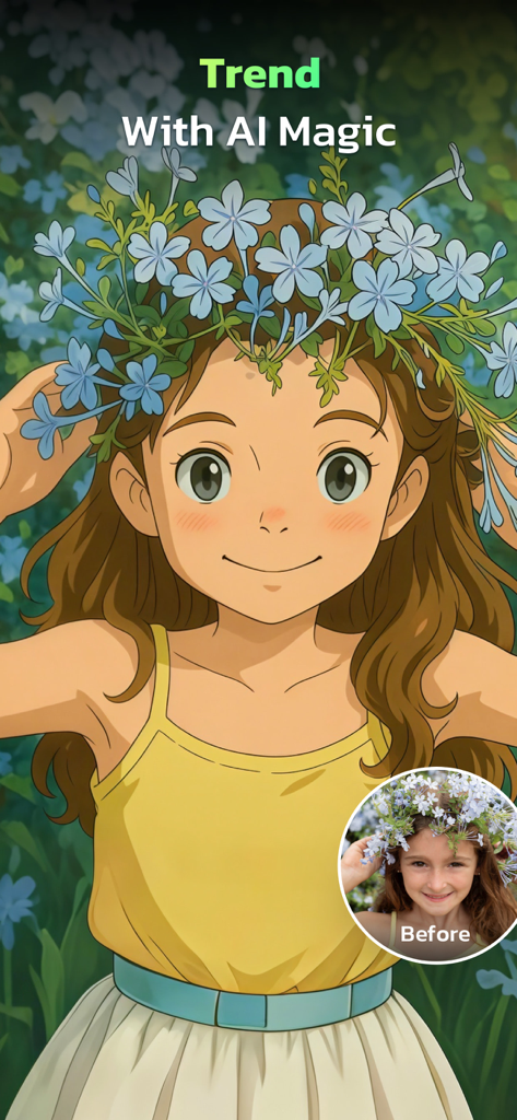 AI Photo Editor - AI Morph - A girl with a flower crown transformed into an anime character by AI Morph
