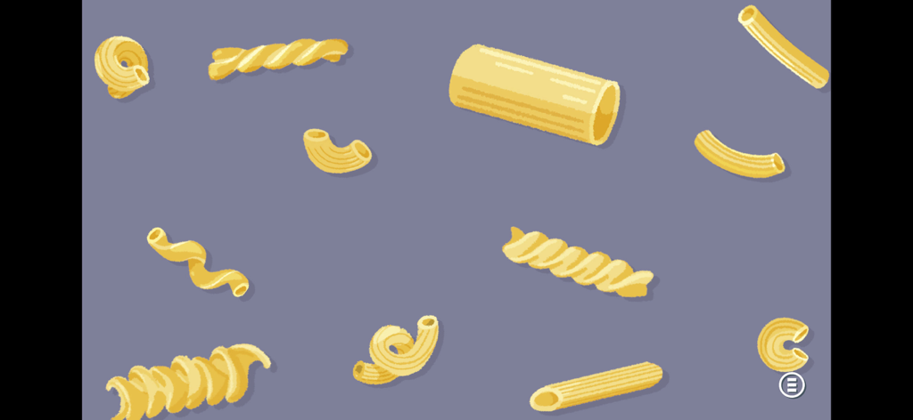 A Little to the Left - 青い背景に散らばった黄色いパスタのピース。