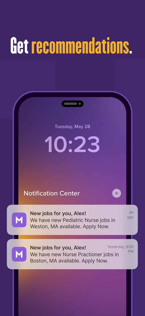 Ein Smartphone-Bildschirm, der Jobbenachrichtigungs-Benachrichtigungen von der Monster Job Search App anzeigt