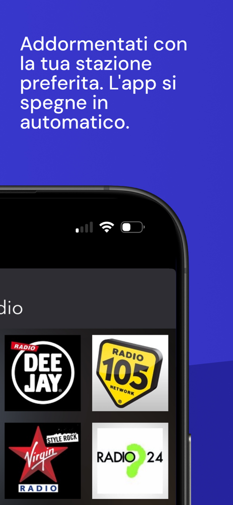 Radio FM - Schermata dello smartphone che mostra l'interfaccia dell'app Radio FM con i loghi delle stazioni radio italiane e la descrizione della funzione sleep timer.