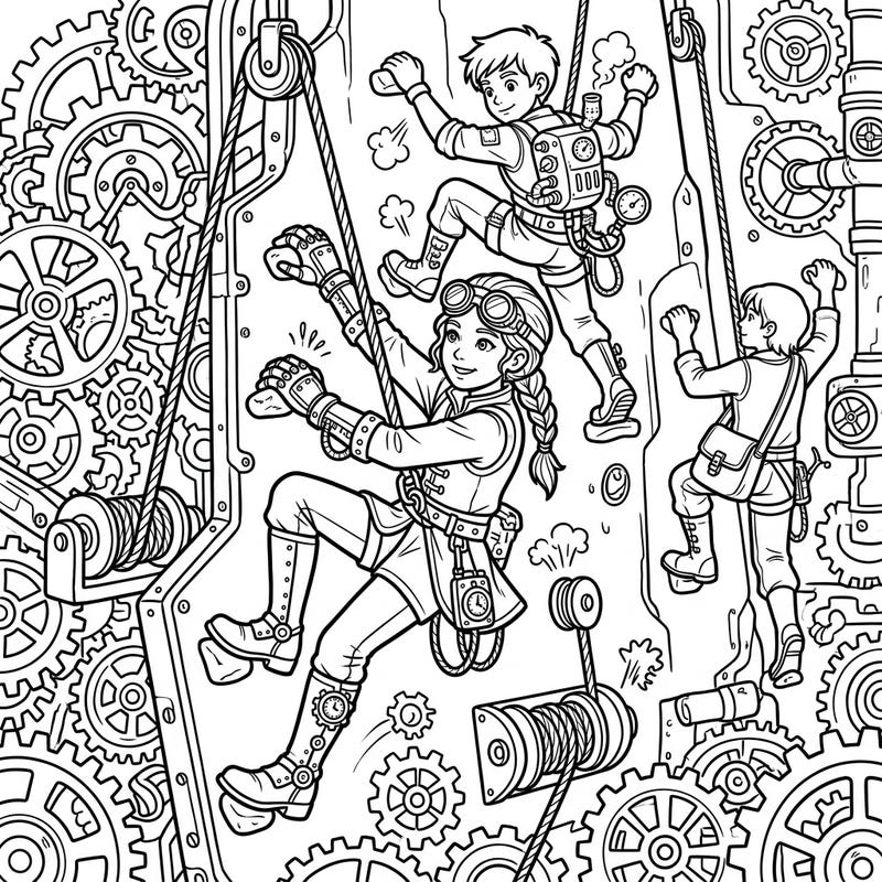 Embark on an extraordinary journey with our Steampunk Youth Climbers coloring page. This intricate design features young adventurers scaling a wall adorned with gears, gadgets, and Victorian-era machinery, perfect for inspiring creativity.
