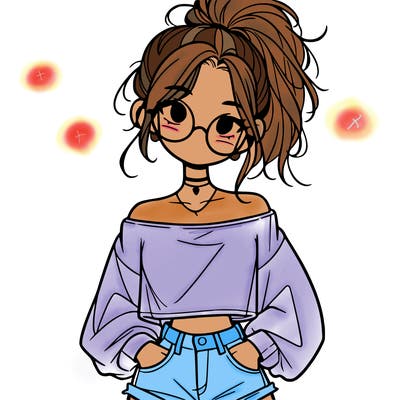 girl with a messy ponytail glasses a baggy crop top and jean shorts