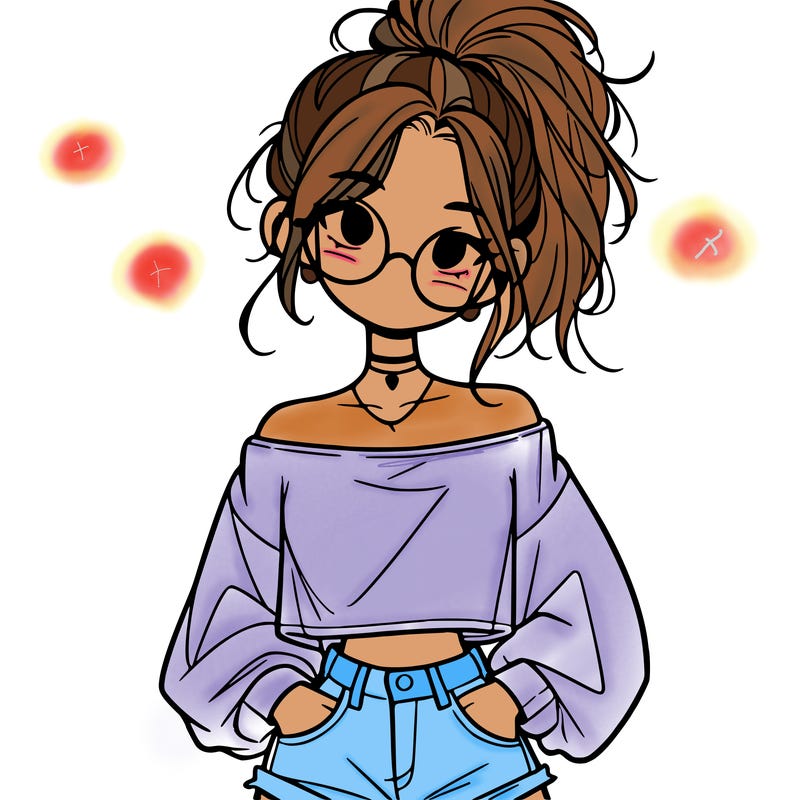 girl with a messy ponytail glasses a baggy crop top and jean shorts