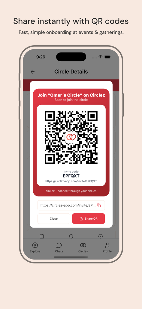 A smartphone displaying a QR code and invite link to join a private circle on the Circlez Dating app