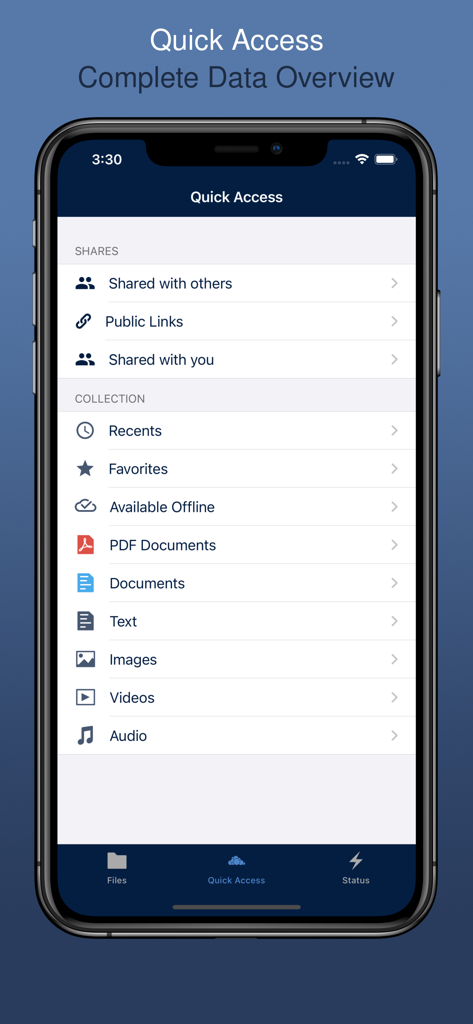 Interfaz de Acceso Rápido de la aplicación ownCloud iOS mostrando categorías de archivos y enlaces compartidos.
