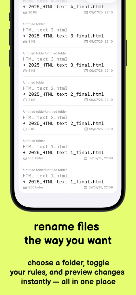 Interfaccia che mostra la ridenominazione di file in batch con un'anteprima delle modifiche