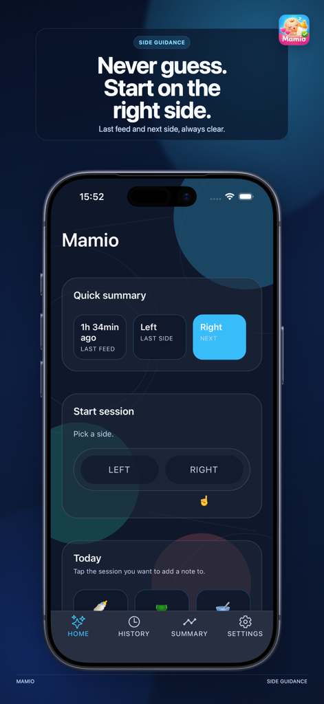 Mamio: Breastfeeding Tracker - Interfaz de la aplicación Mamio que muestra orientación del lado de la lactancia y resumen de la última toma