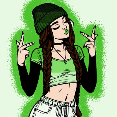 realistic teenage girl with braids and a beanie and crop top doing 🫶🏼