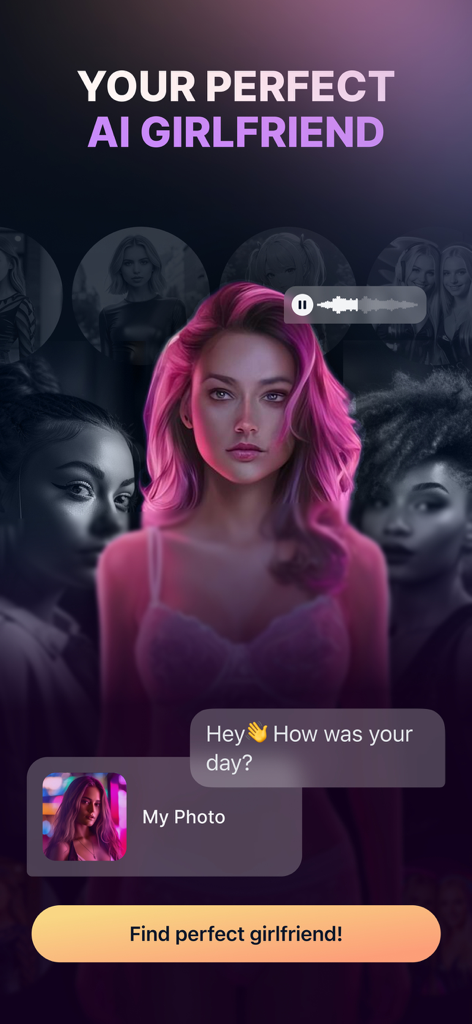 AI Lover app screen displaying a virtual girlfriend character with voice message and chat features.