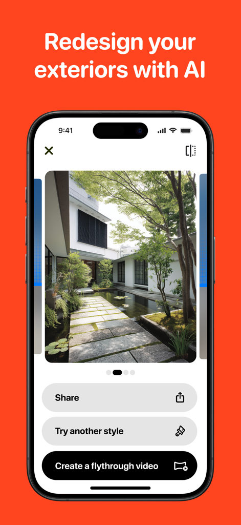 Casa AI - Interior Design - Casa AI mobile app interface showing an AI generated modern outdoor courtyard design with a stone path and pond