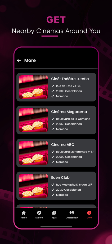 Seekee Movies : Films & Shows - Seekee app screen displaying a list of nearby movie theaters and their addresses