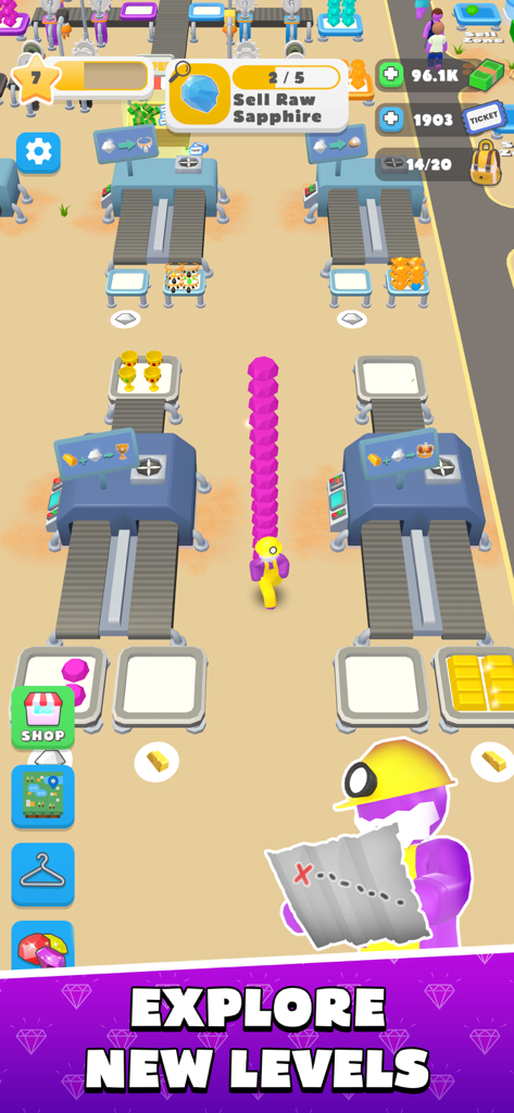 Miner Tycoon :  Big Dynamite - A character carrying a tall stack of pink gems in a mining factory with conveyor belts and gold bars