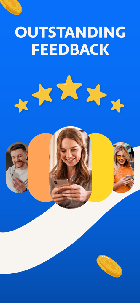 JustPlay: Earn Loyalty Rewards - Captura de pantalla de la aplicación JustPlay con cinco estrellas doradas y usuarios felices con el texto "outstanding feedback".