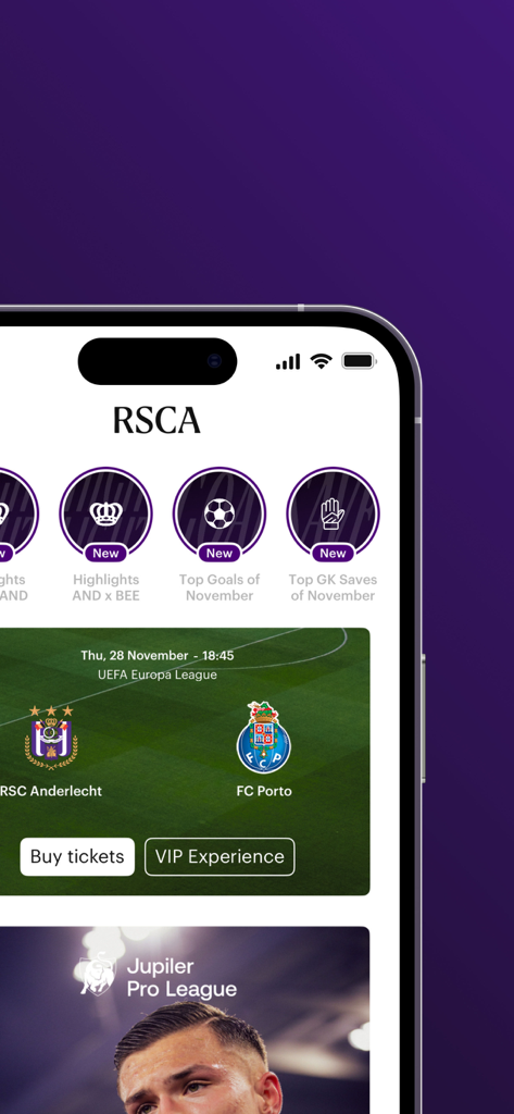 RSCA Official app home screen showing match highlights and an upcoming UEFA Europa League game against FC Porto