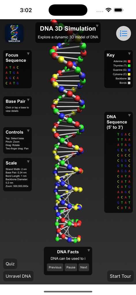 Un modelo 3D de una doble hélice de ADN con pares de bases codificados por colores y paneles de datos educativos.