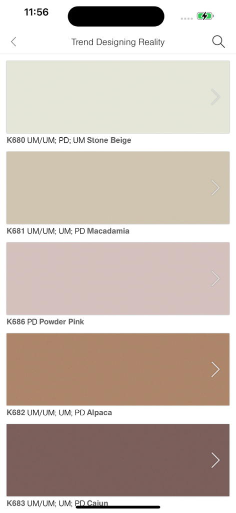 Kronodesign - Kronodesignアプリのストーンベージュやマカダミアのような、様々な色とテクスチャを示すインテリアデザイン素材スウォッチのカタログリスト。