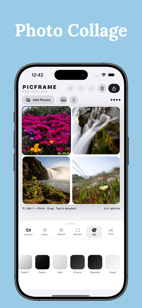 Photo Collage Maker – Picframe - An iPhone displaying the Picframe app interface with a four photo grid and background styling options