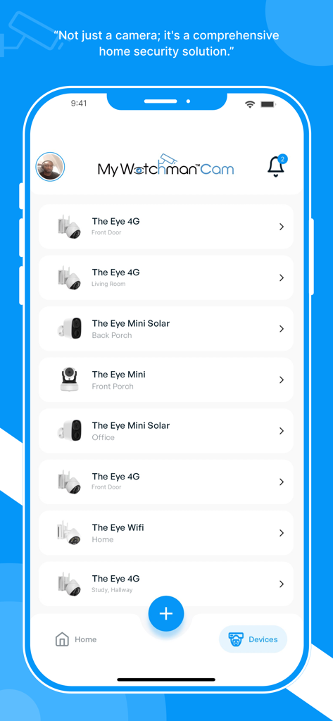 My Watchman™ Cam - My Watchman Camアプリ内の接続されたセキュリティカメラのリストを表示するスマートフォン画面。