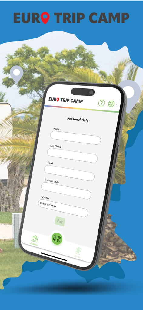 Euro Trip Camp - 氏名とメールアドレスのフィールドを含む個人情報登録フォームを表示するユーロトリップキャンプモバイルアプリ画面