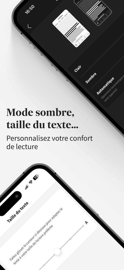 Interface de l'application Les Echos affichant les paramètres du mode sombre et le réglage de la taille du texte pour un confort de lecture personnalisé
