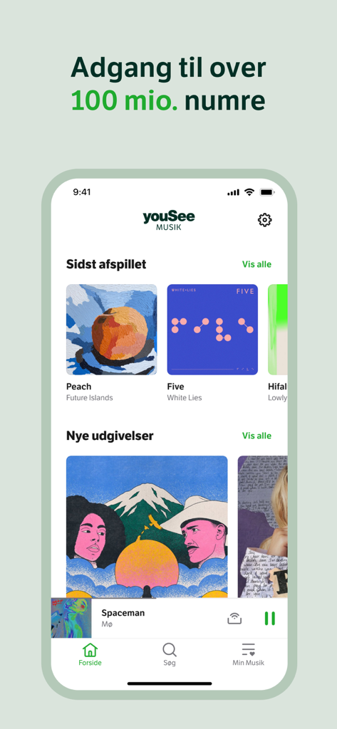 Home-Bildschirm der YouSee Musik App mit kürzlich gespielten Alben und Neuveröffentlichungen